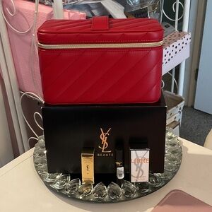 Yves Saint Laurent Red Quilted Cosmetic Case with Gold Zipper